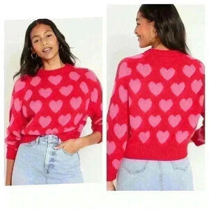 Old Navy Cropped Crew-Neck Sweater size M Hearts Pink Red White